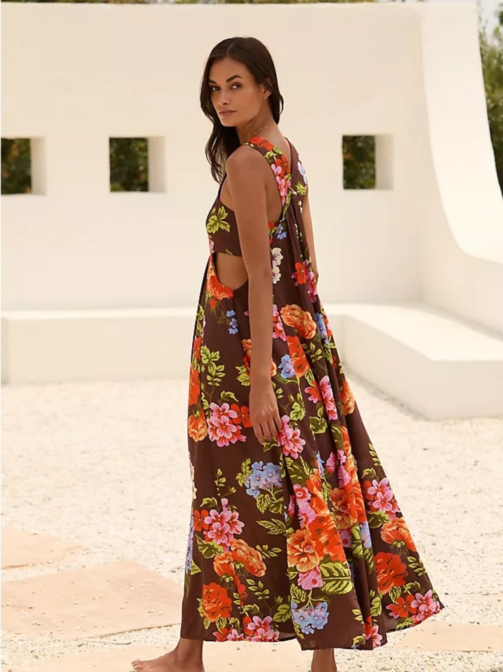 Anthropologie Brown Maxi Dress with Orange, Pink & Green Floral Print